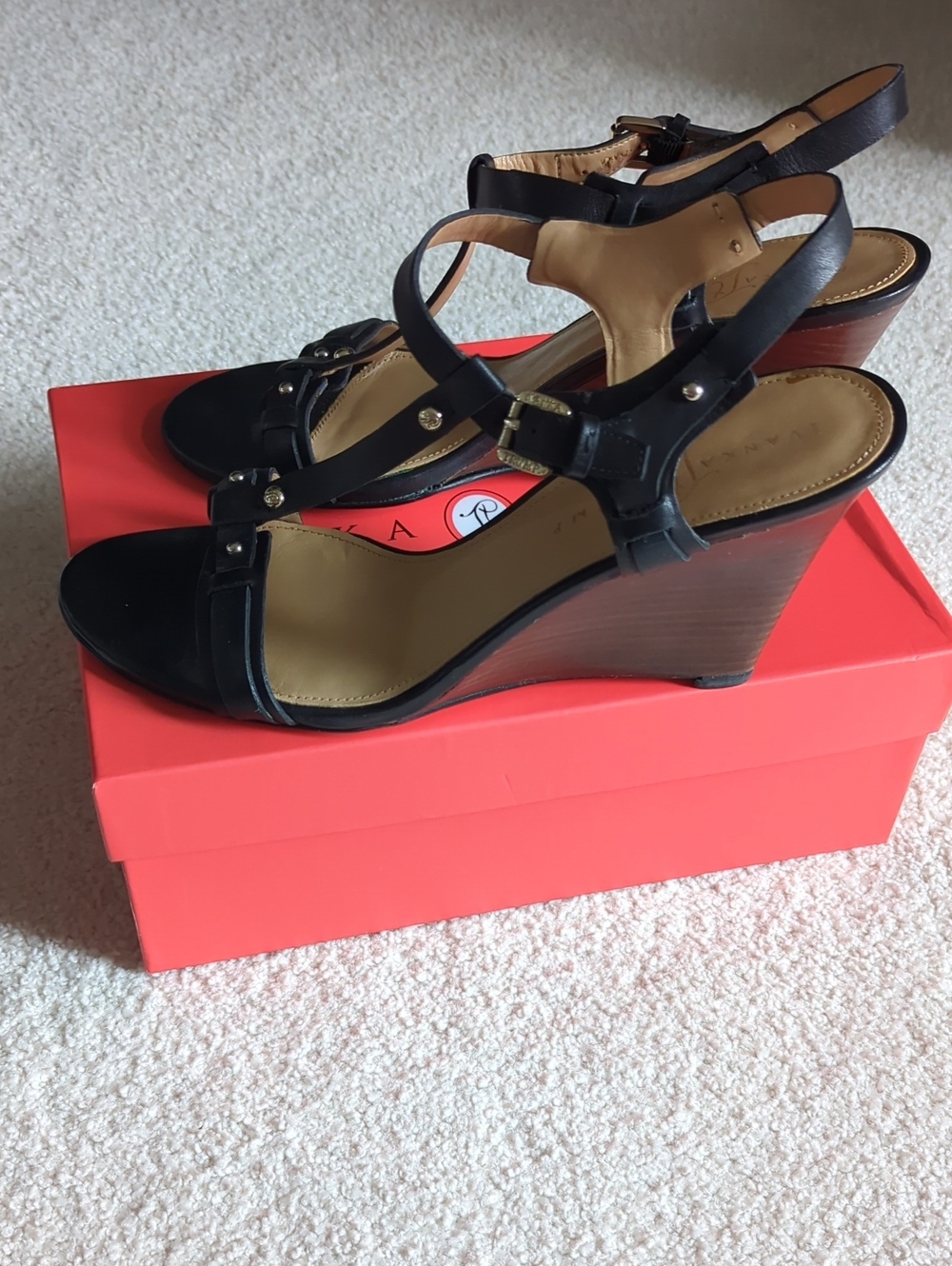Ivanka Trump Black Leather T-Strap Wedge Sandals with Brown Woodgrain Heel
